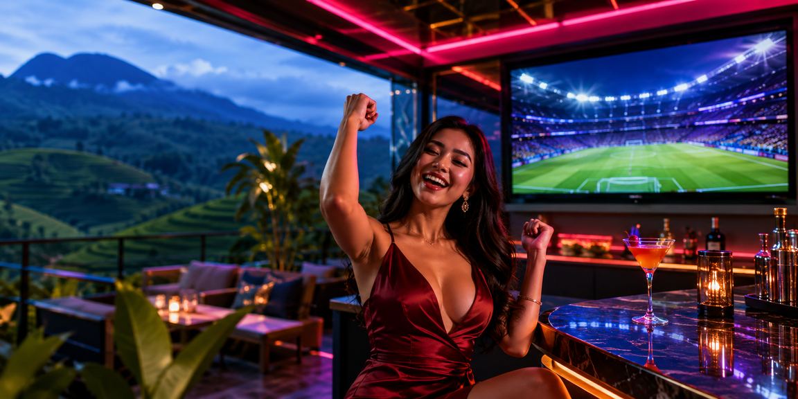 Tampilan casino bermandikan cahaya neon berwarna-warni menciptakan suasana malam yang dinamis