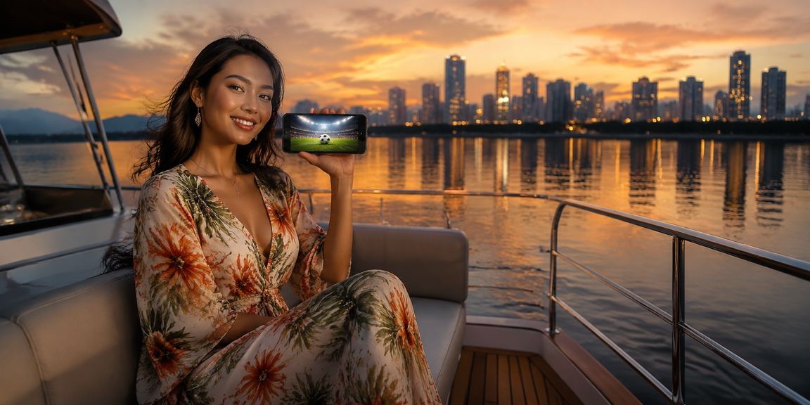 Model Vietnam dengan ekspresi fokus melihat layar taruhan olahraga di luar ruangan